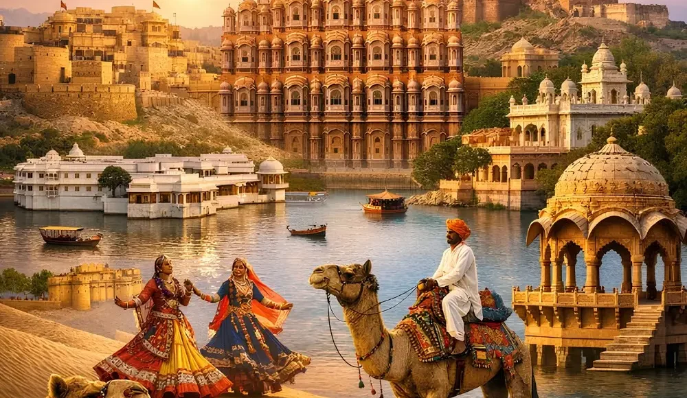 Grand Rajasthan Experience with Hawa Mahal, desert camel safari, folk dancers, forts, lakes and royal heritage views