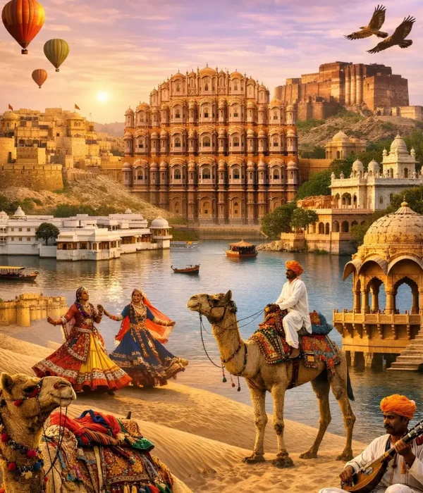 Grand Rajasthan Experience with Hawa Mahal, desert camel safari, folk dancers, forts, lakes and royal heritage views