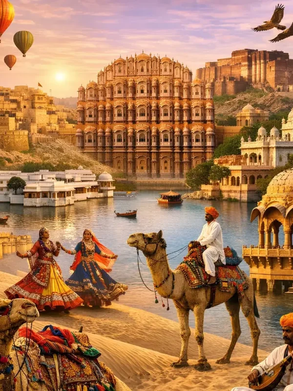 Grand Rajasthan Experience with Hawa Mahal, desert camel safari, folk dancers, forts, lakes and royal heritage views