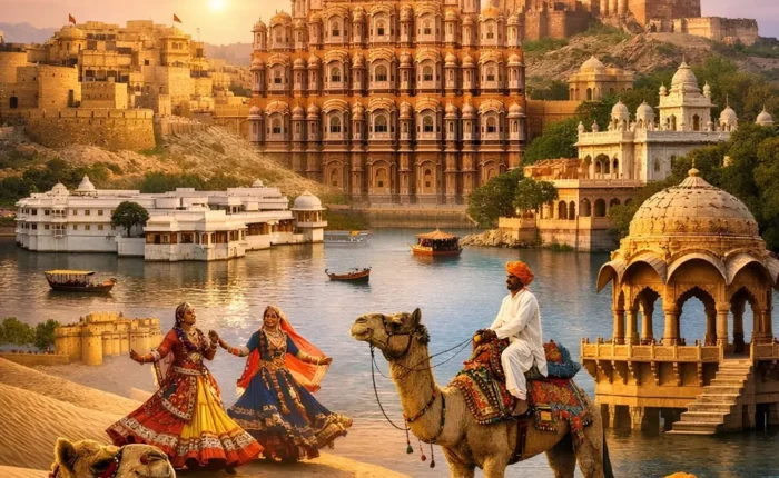 Grand Rajasthan Experience with Hawa Mahal, desert camel safari, folk dancers, forts, lakes and royal heritage views