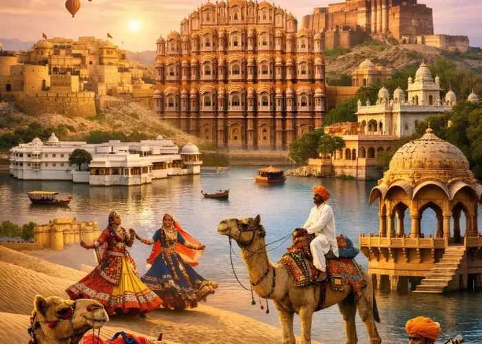 Grand Rajasthan Experience with Hawa Mahal, desert camel safari, folk dancers, forts, lakes and royal heritage views