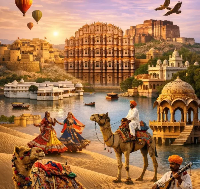 Grand Rajasthan Experience with Hawa Mahal, desert camel safari, folk dancers, forts, lakes and royal heritage views