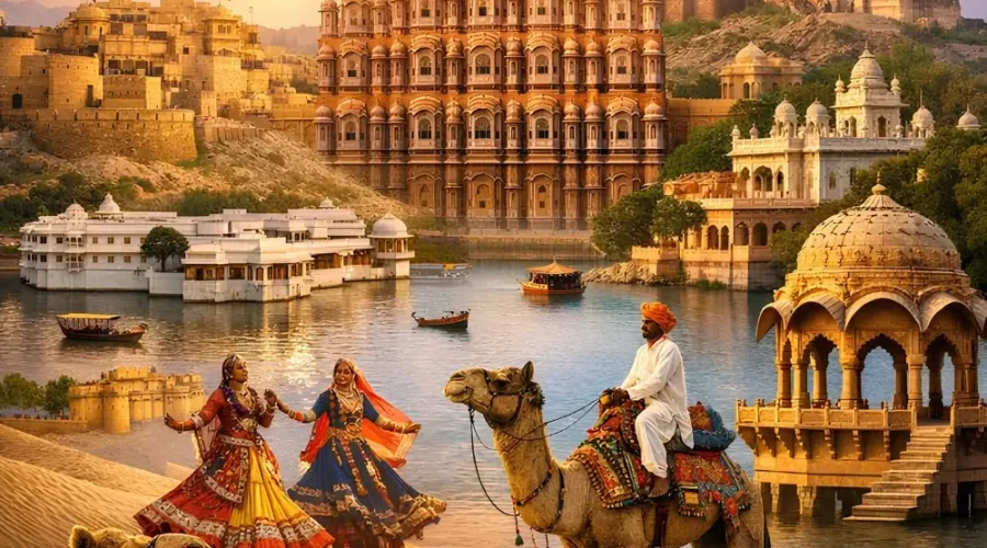 Grand Rajasthan Experience with Hawa Mahal, desert camel safari, folk dancers, forts, lakes and royal heritage views