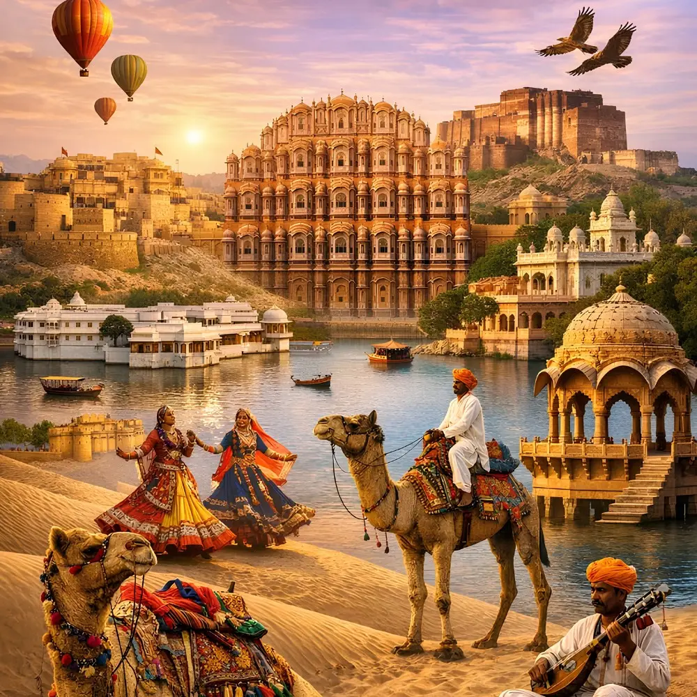 Grand Rajasthan Experience with Hawa Mahal, desert camel safari, folk dancers, forts, lakes and royal heritage views