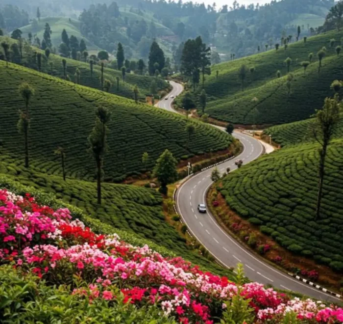Grand Tamil Nadu Explorer tour image featuring lush tea gardens, winding hill road, green valleys and scenic South India landscape