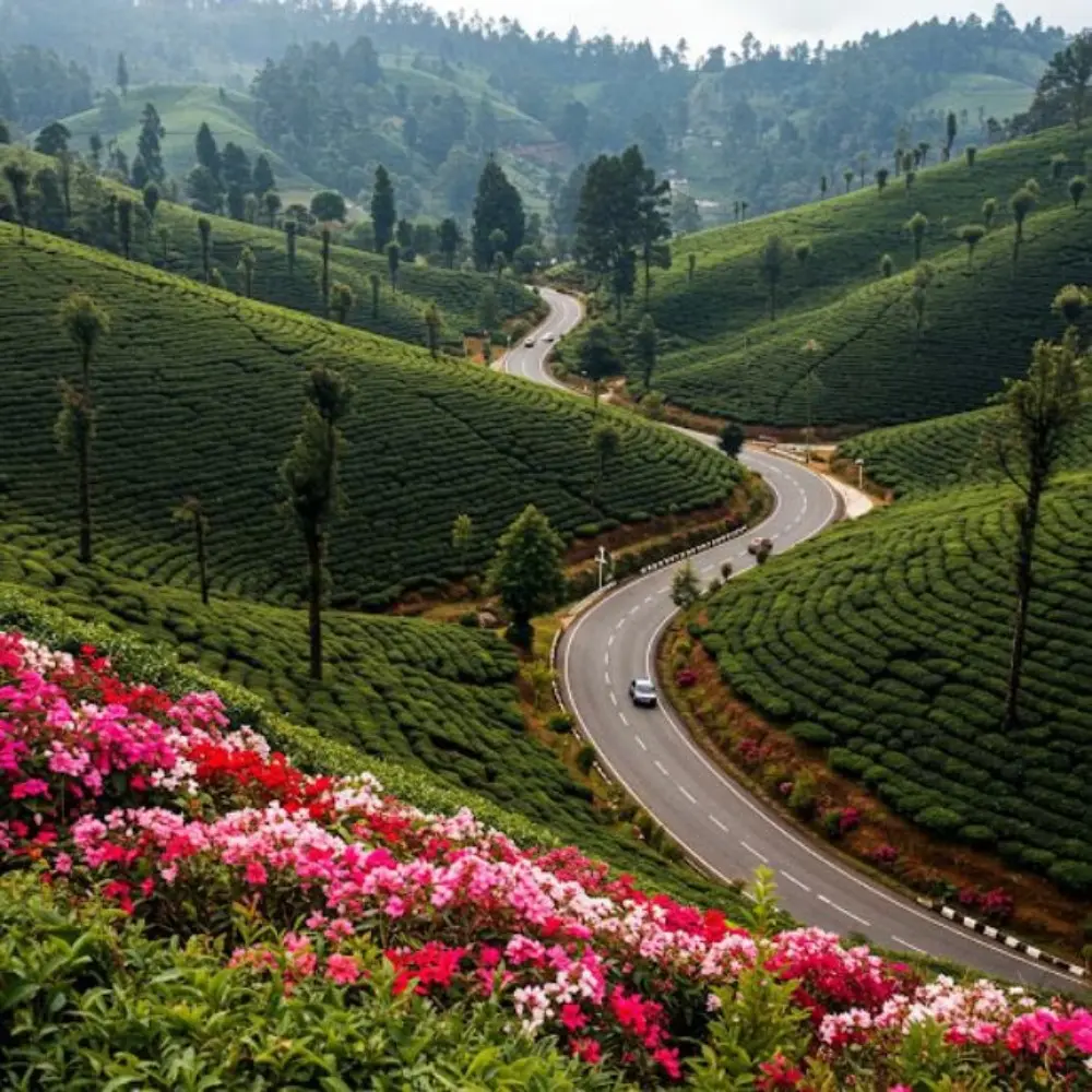 Grand Tamil Nadu Explorer tour image featuring lush tea gardens, winding hill road, green valleys and scenic South India landscape