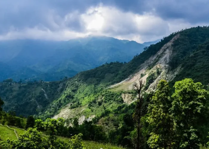 Grand West Bengal Explorer with green hills, cloudy sky, mountain valley and scenic North Bengal nature landscape