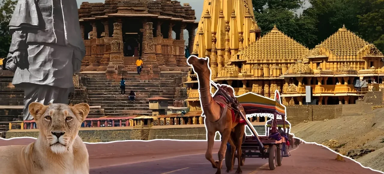 Gujarat tourism collage featuring Statue of Unity, Somnath Temple, heritage sites, camel safari and Gir lion