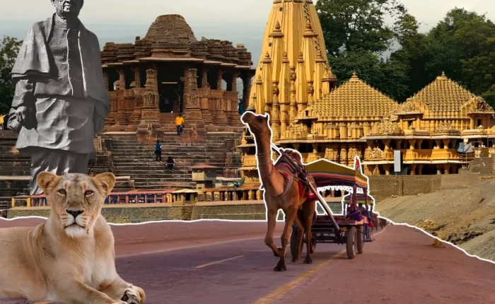 Gujarat tourism collage featuring Statue of Unity, Somnath Temple, heritage sites, camel safari and Gir lion