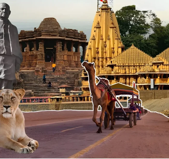 Gujarat tourism collage featuring Statue of Unity, Somnath Temple, heritage sites, camel safari and Gir lion