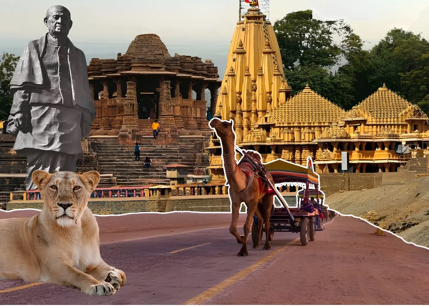 Gujarat tourism collage featuring Statue of Unity, Somnath Temple, heritage sites, camel safari and Gir lion