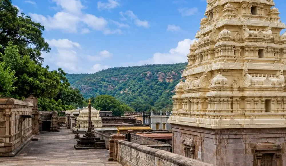 Hyderabad Srisailam package featuring Srisailam temple, sacred architecture, scenic hills and spiritual Andhra Pradesh landscape