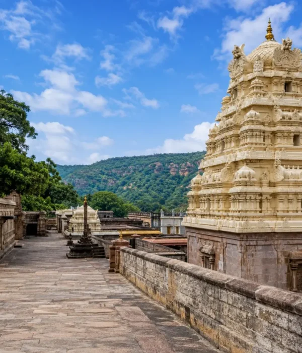 Hyderabad Srisailam package featuring Srisailam temple, sacred architecture, scenic hills and spiritual Andhra Pradesh landscape