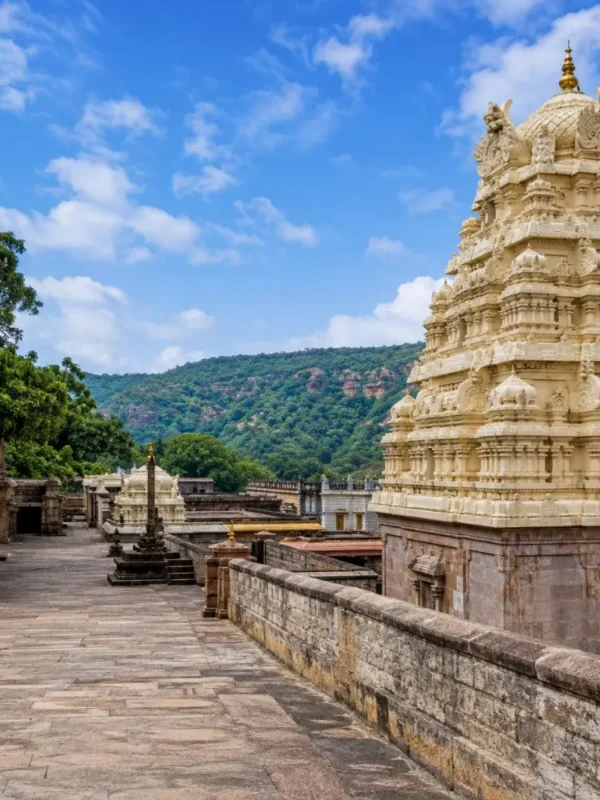 Hyderabad Srisailam package featuring Srisailam temple, sacred architecture, scenic hills and spiritual Andhra Pradesh landscape
