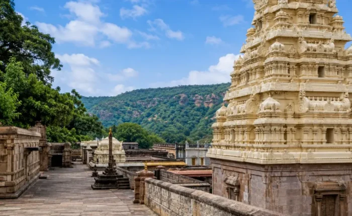 Hyderabad Srisailam package featuring Srisailam temple, sacred architecture, scenic hills and spiritual Andhra Pradesh landscape