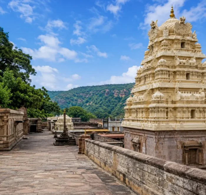 Hyderabad Srisailam package featuring Srisailam temple, sacred architecture, scenic hills and spiritual Andhra Pradesh landscape