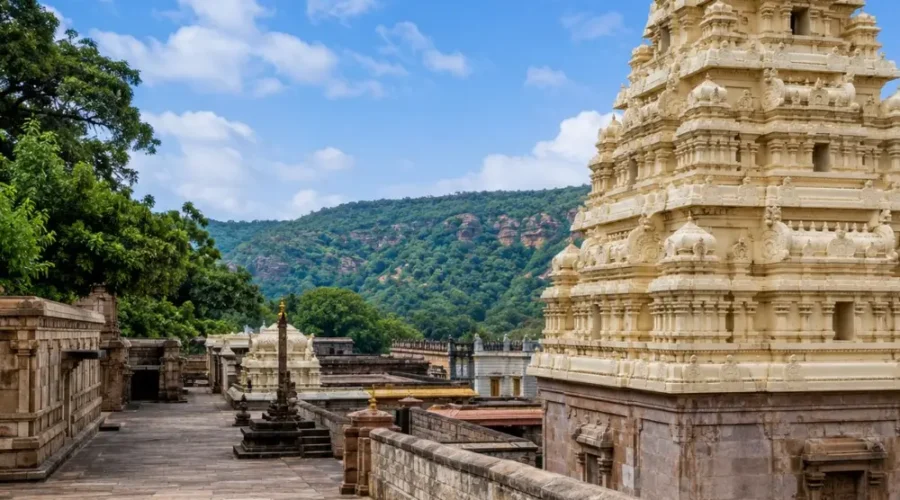 Hyderabad Srisailam package featuring Srisailam temple, sacred architecture, scenic hills and spiritual Andhra Pradesh landscape