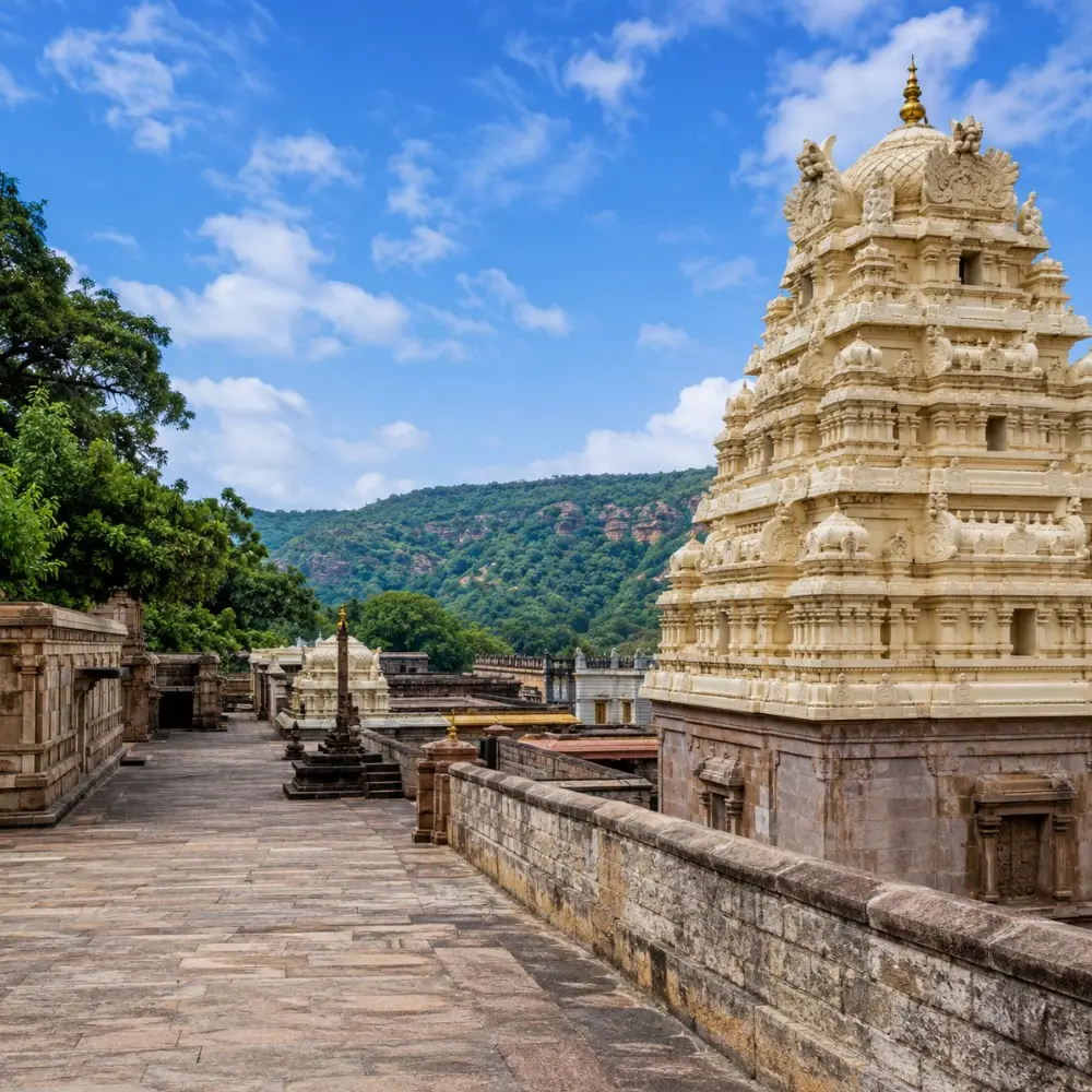 Hyderabad Srisailam package featuring Srisailam temple, sacred architecture, scenic hills and spiritual Andhra Pradesh landscape