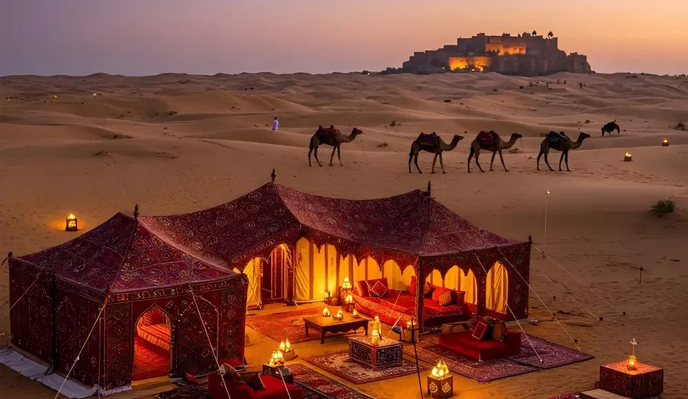 Jaipur Jodhpur Jaisalmer package with luxury desert camp, camel safari, sand dunes and royal Rajasthan sunset view