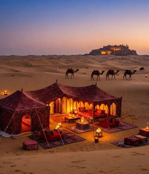 Jaipur Jodhpur Jaisalmer package with luxury desert camp, camel safari, sand dunes and royal Rajasthan sunset view