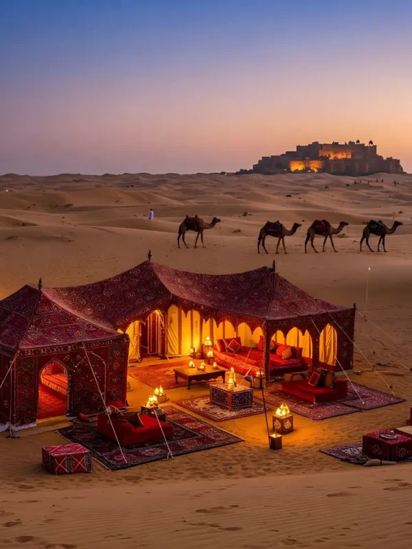 Jaipur Jodhpur Jaisalmer package with luxury desert camp, camel safari, sand dunes and royal Rajasthan sunset view