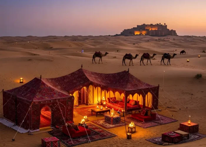 Jaipur Jodhpur Jaisalmer package with luxury desert camp, camel safari, sand dunes and royal Rajasthan sunset view