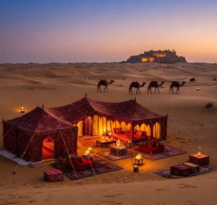 Jaipur Jodhpur Jaisalmer package with luxury desert camp, camel safari, sand dunes and royal Rajasthan sunset view