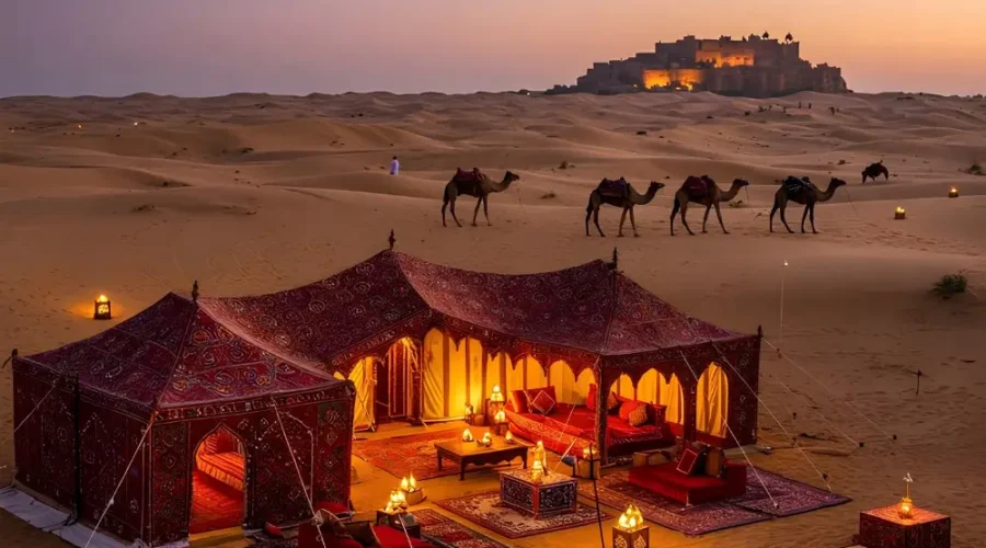 Jaipur Jodhpur Jaisalmer package with luxury desert camp, camel safari, sand dunes and royal Rajasthan sunset view