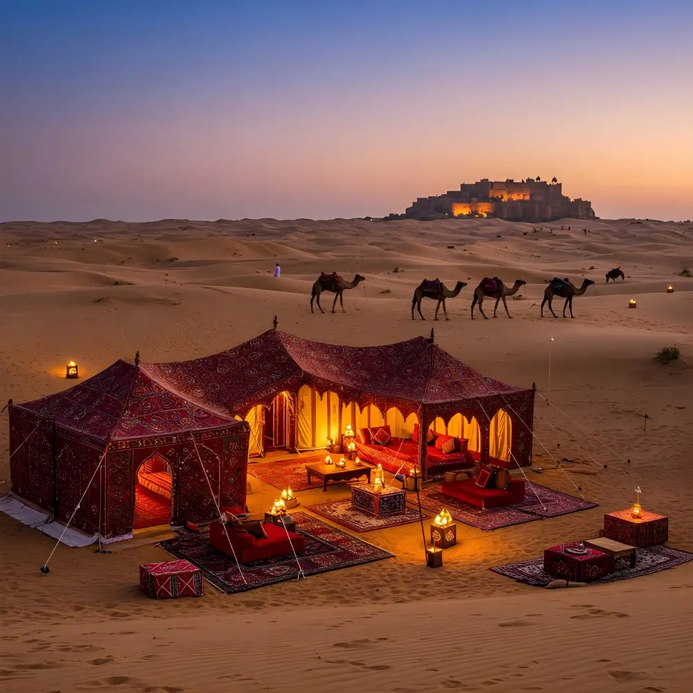 Jaipur Jodhpur Jaisalmer package with luxury desert camp, camel safari, sand dunes and royal Rajasthan sunset view