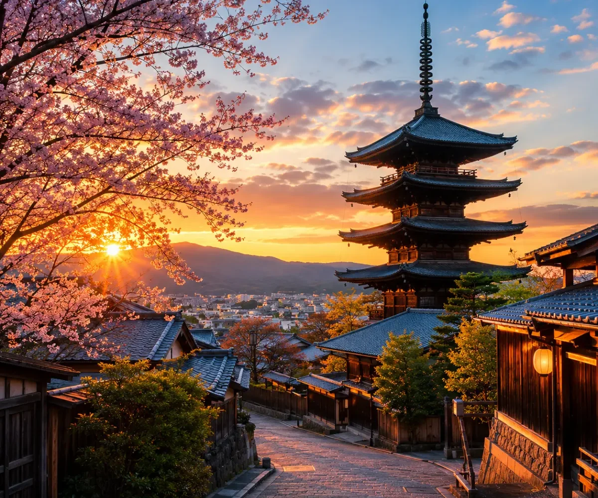 Luxury Kyoto cityscape featuring the iconic Yasaka Pagoda, traditional wooden streets, blooming cherry blossom trees, and warm golden-hour light with no people.