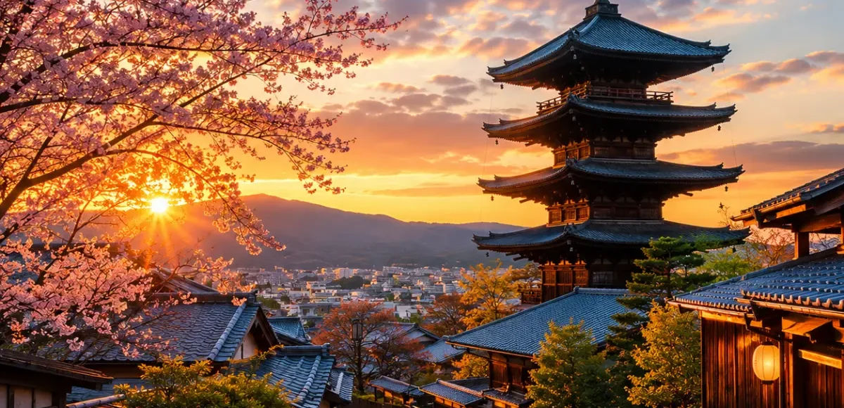 Luxury Kyoto cityscape featuring the iconic Yasaka Pagoda, traditional wooden streets, blooming cherry blossom trees, and warm golden-hour light with no people.