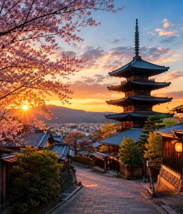 Luxury Kyoto cityscape featuring the iconic Yasaka Pagoda, traditional wooden streets, blooming cherry blossom trees, and warm golden-hour light with no people.