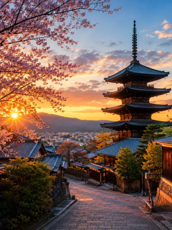 Luxury Kyoto cityscape featuring the iconic Yasaka Pagoda, traditional wooden streets, blooming cherry blossom trees, and warm golden-hour light with no people.