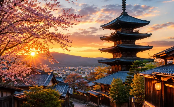 Luxury Kyoto cityscape featuring the iconic Yasaka Pagoda, traditional wooden streets, blooming cherry blossom trees, and warm golden-hour light with no people.