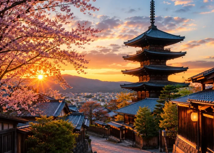 Luxury Kyoto cityscape featuring the iconic Yasaka Pagoda, traditional wooden streets, blooming cherry blossom trees, and warm golden-hour light with no people.