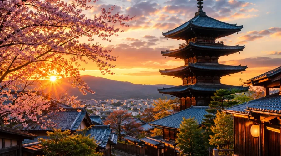 Luxury Kyoto cityscape featuring the iconic Yasaka Pagoda, traditional wooden streets, blooming cherry blossom trees, and warm golden-hour light with no people.