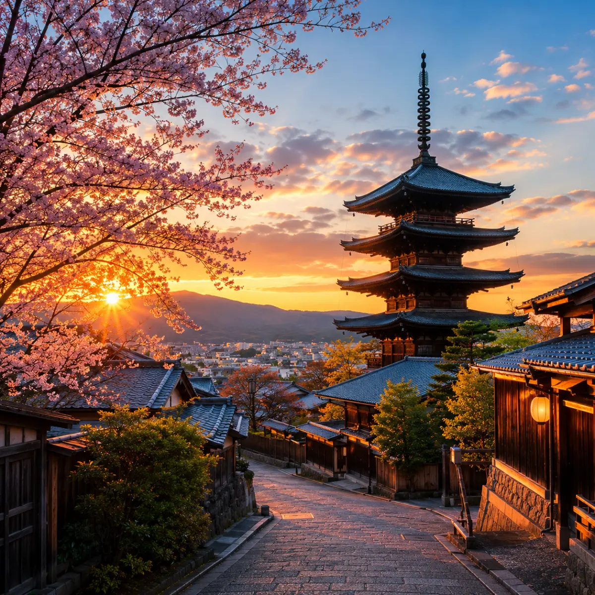 Luxury Kyoto cityscape featuring the iconic Yasaka Pagoda, traditional wooden streets, blooming cherry blossom trees, and warm golden-hour light with no people.