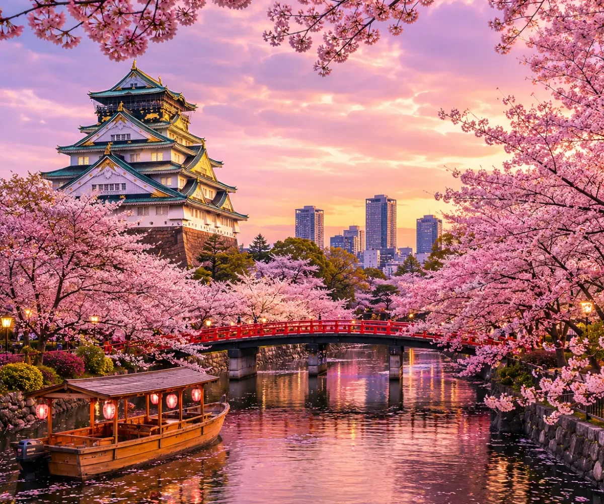 Luxury Japan Cherry Blossom Season featuring Osaka Castle surrounded by vibrant pink sakura trees, a tranquil river with a traditional sightseeing boat, a red Japanese bridge, and a glowing spring sunset. No people.