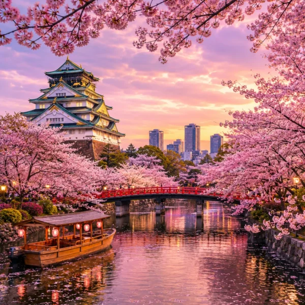 Luxury Japan Cherry Blossom Season featuring Osaka Castle surrounded by vibrant pink sakura trees, a tranquil river with a traditional sightseeing boat, a red Japanese bridge, and a glowing spring sunset. No people.