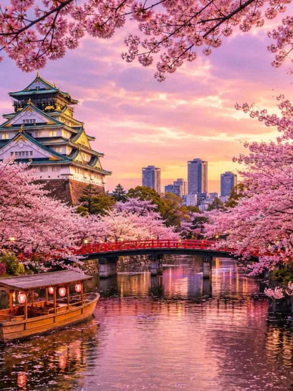 Luxury Japan Cherry Blossom Season featuring Osaka Castle surrounded by vibrant pink sakura trees, a tranquil river with a traditional sightseeing boat, a red Japanese bridge, and a glowing spring sunset. No people.