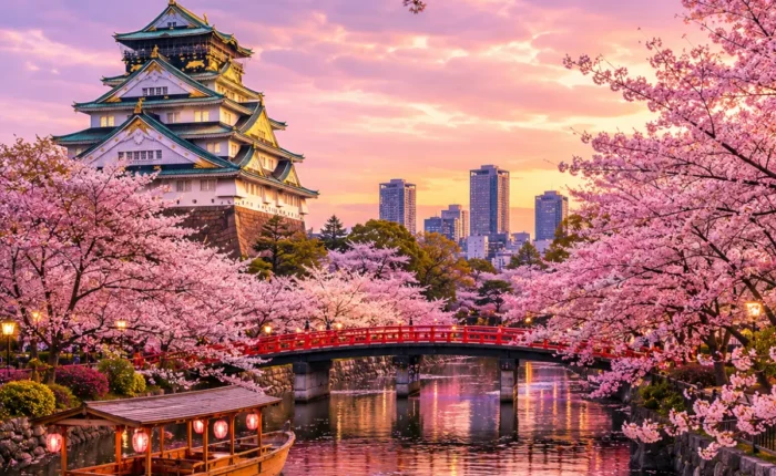 Luxury Japan Cherry Blossom Season featuring Osaka Castle surrounded by vibrant pink sakura trees, a tranquil river with a traditional sightseeing boat, a red Japanese bridge, and a glowing spring sunset. No people.