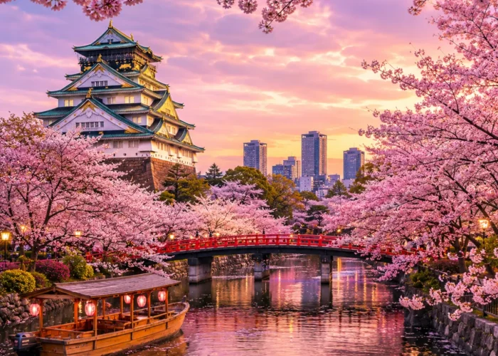 Luxury Japan Cherry Blossom Season featuring Osaka Castle surrounded by vibrant pink sakura trees, a tranquil river with a traditional sightseeing boat, a red Japanese bridge, and a glowing spring sunset. No people.