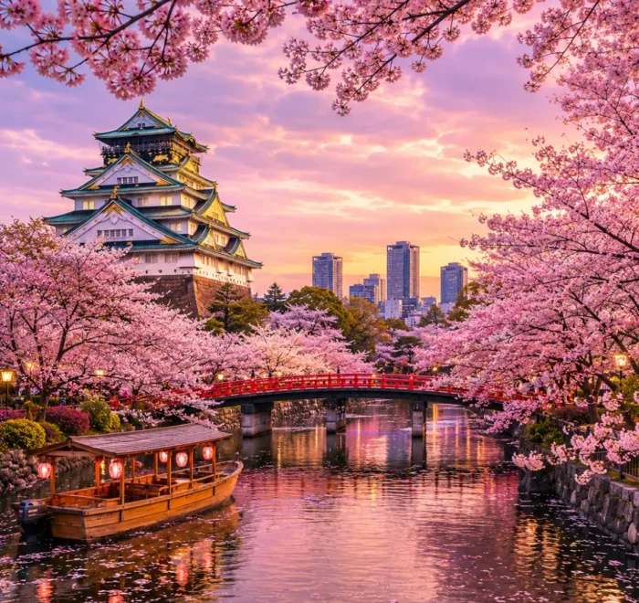 Luxury Japan Cherry Blossom Season featuring Osaka Castle surrounded by vibrant pink sakura trees, a tranquil river with a traditional sightseeing boat, a red Japanese bridge, and a glowing spring sunset. No people.