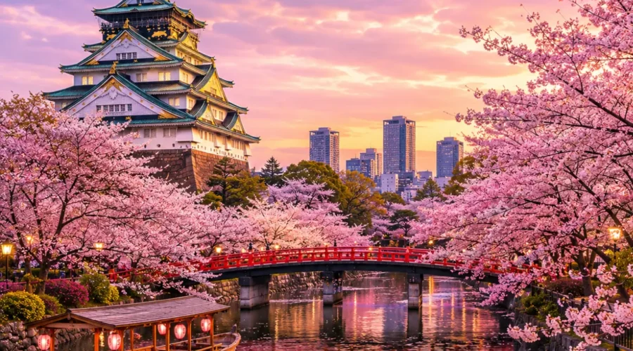 Luxury Japan Cherry Blossom Season featuring Osaka Castle surrounded by vibrant pink sakura trees, a tranquil river with a traditional sightseeing boat, a red Japanese bridge, and a glowing spring sunset. No people.