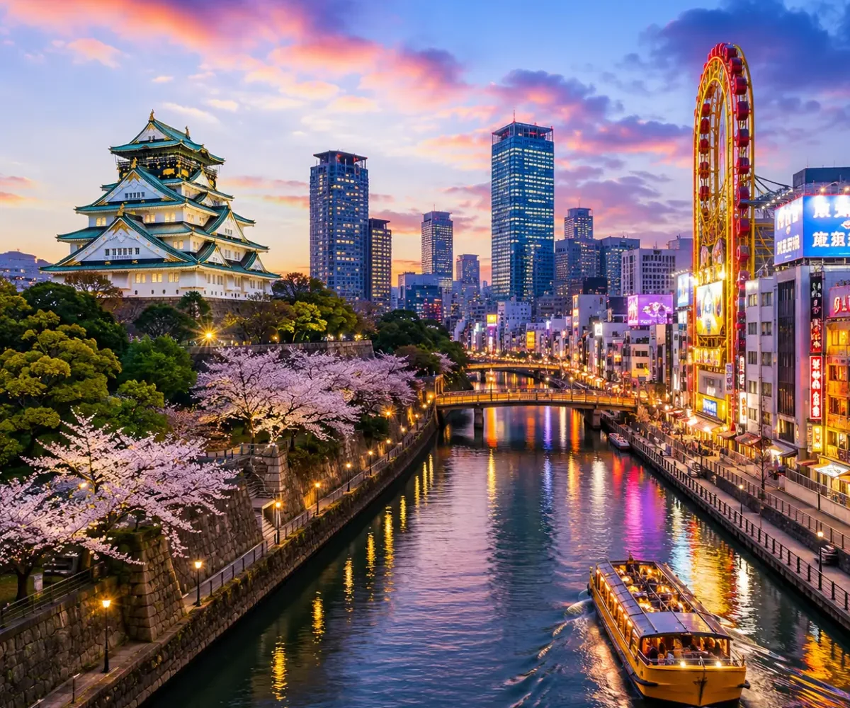 Luxury Osaka cityscape featuring the iconic Osaka Castle, a scenic river with a sightseeing cruise, vibrant modern skyline, cherry blossom trees, and colourful evening reflections. No people.