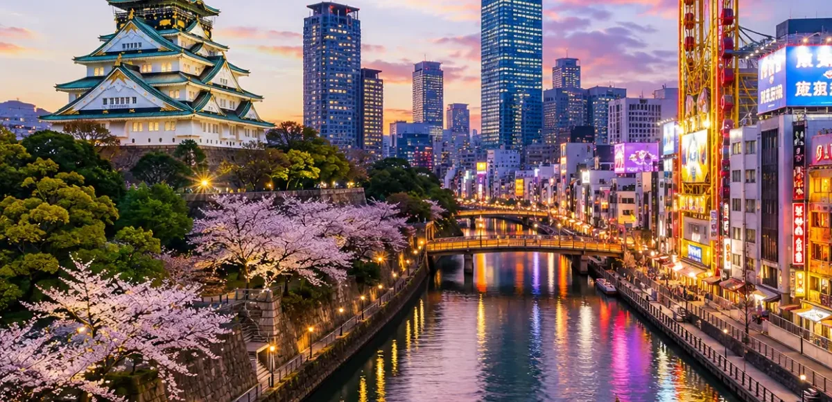 Luxury Osaka cityscape featuring the iconic Osaka Castle, a scenic river with a sightseeing cruise, vibrant modern skyline, cherry blossom trees, and colourful evening reflections. No people.