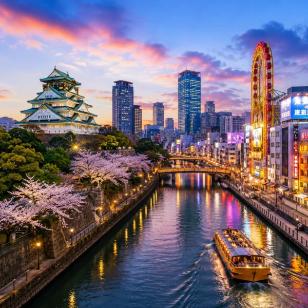 Luxury Osaka cityscape featuring the iconic Osaka Castle, a scenic river with a sightseeing cruise, vibrant modern skyline, cherry blossom trees, and colourful evening reflections. No people.