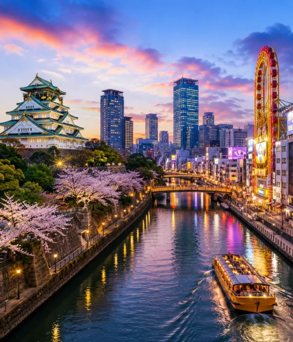 Luxury Osaka cityscape featuring the iconic Osaka Castle, a scenic river with a sightseeing cruise, vibrant modern skyline, cherry blossom trees, and colourful evening reflections. No people.