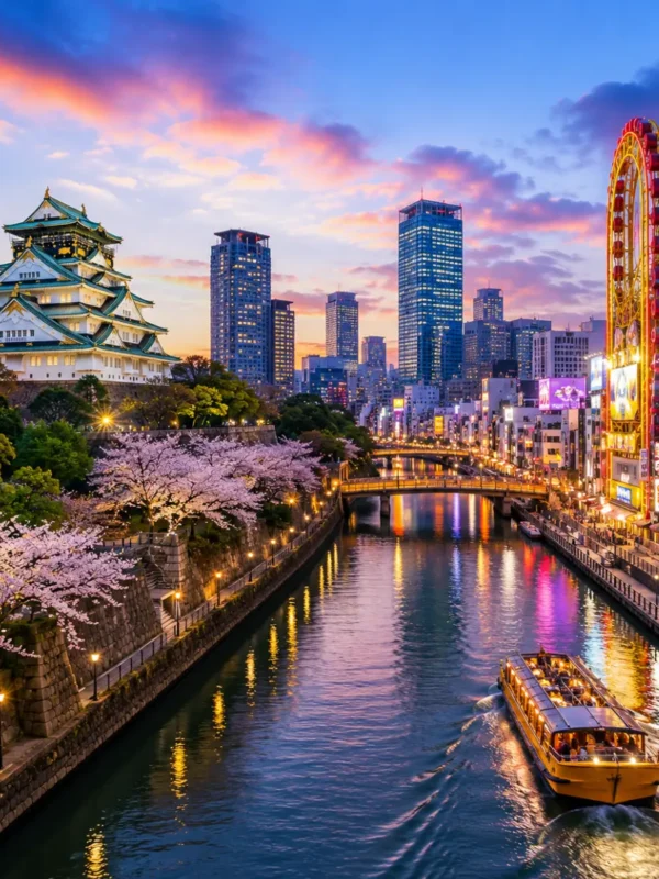 Luxury Osaka cityscape featuring the iconic Osaka Castle, a scenic river with a sightseeing cruise, vibrant modern skyline, cherry blossom trees, and colourful evening reflections. No people.