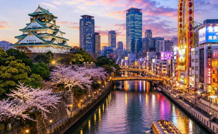 Luxury Osaka cityscape featuring the iconic Osaka Castle, a scenic river with a sightseeing cruise, vibrant modern skyline, cherry blossom trees, and colourful evening reflections. No people.